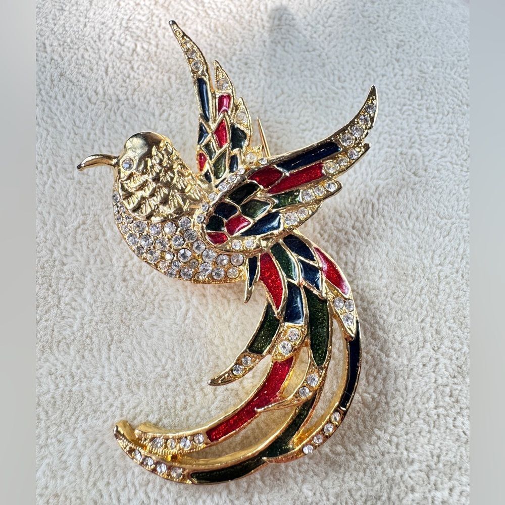 Gold Tone Crystal Bird Brooch with Red, Green & Blue Enamel